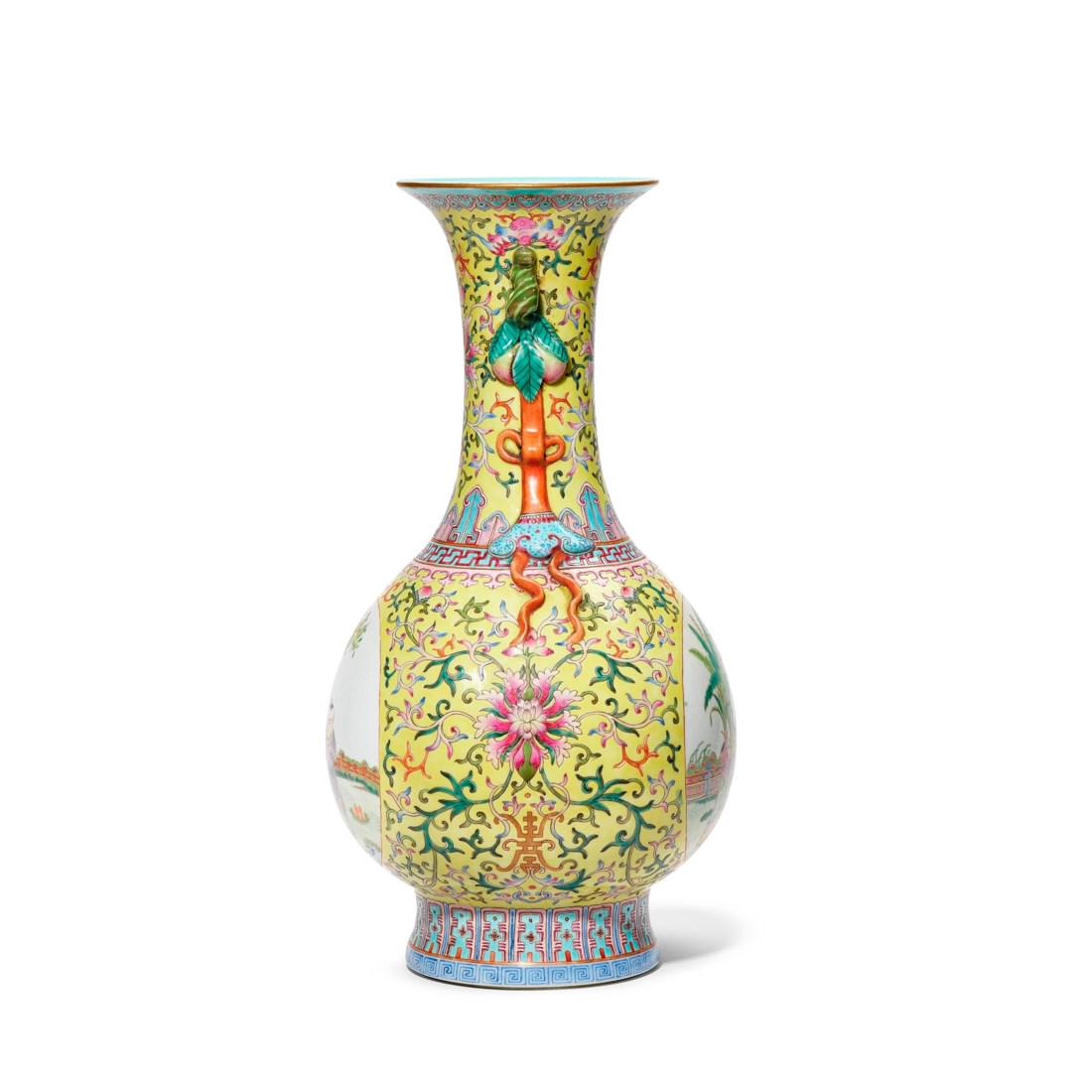 A FAMILLE ROSE YELLOW-GROUND ‘BOYS’ TWIN-HANDLED VASE