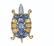 A SAPPHIRE, DIAMOND, EMERALD, GOLD, AND PLATINUM BROOCH
