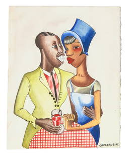At Leroy’s. c.1927: At Leroy’s. c.1927 Miguel Covarrubias COVARRUBIAS, Miguel (1904-1957). At Leroy’s. c.1927. Pen, ink and watercolour on paper, signed. 10¾ x 8½ in. (272 x 217 mm); framed 19&f