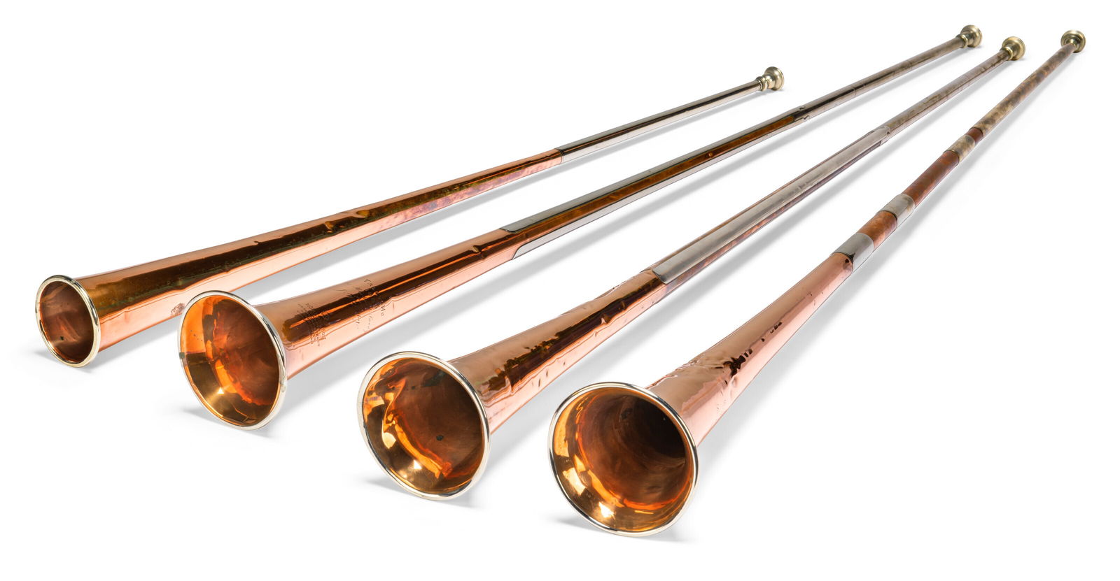 Four Victorian Copper And Silver Coaching Horns, Used On The 'tally Ho