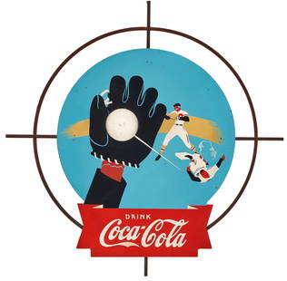 A PAINT-DECORATED METAL COCA-COLA BASEBALL TRADE SIGN: A PAINT-DECORATED METAL COCA-COLA BASEBALL TRADE SIGN AMERICAN, CIRCA 1940 Details 15 3/4 x 15 3/4 in.