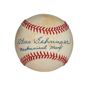 CHARLIE GEHRINGER SINGLE SIGNED AND INSCRIBED "MECHANICAL MAN" BASEBALL (PSA/DNA): CHARLIE GEHRINGER SINGLE SIGNED AND INSCRIBED "MECHANICAL MAN" BASEBALL (PSA/DNA) Lot Essay B.Brown American League baseball signed in blue ink by Gehringer across the sweet spot adding "Mechanical Ma