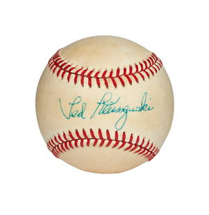 TED KLUSZEWSKI SINGLE SIGNED BASEBALL (JSA): TED KLUSZEWSKI SINGLE SIGNED BASEBALL (JSA) Lot Essay Lightly toned C.Feeney National League baseball signed by Kluszewski in aqua blue ink across the sweet spot. Signature rates 8 out of 10. Includes
