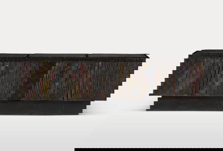 PAUL EVANS (1931-1987): DEEP RELIEF' CABINET, MODEL PE 42, CIRCA 1970 PAUL EVANS (1931-1987) 'Deep Relief' Cabinet, Model PE 42, circa 1970 torch-cut, welded, polychromed and patinated steel, cleft slate, vinyl-wrapped and l