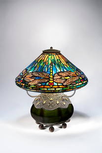 TIFFANY STUDIOS: RARE 'DRAGONFLY' TABLE LAMP, CIRCA 1900 TIFFANY STUDIOS Rare 'Dragonfly' Table Lamp, circa 1900 with a rare Favrile blown glass base with pebble and filigree decoration leaded glass, Favrile glass 20