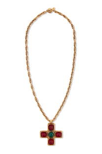 A RED AND GREEN GRIPOIX & GOLD-PLATED BYZANTINE MALTESE CROSS PENDANT NECKLACE: CHANEL, 1982 GRADE: 1.5 Total Length: 74 cm Pendant: 7.5 w x 7.5 h cm Includes dust cover, original tag and box.
