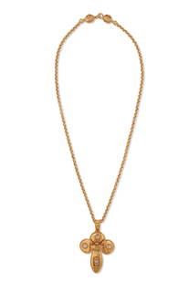 A BAROQUE FAUX PEARL & GOLD-PLATED METAL CC BYZANTINE CROSS ROPEWORK NECKLACE: CHANEL, FALL 1995 GRADE: 2 Total Length: 75 cm Includes box.
