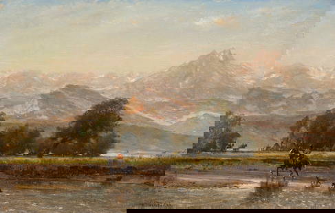 THOMAS WORTHINGTON WHITTREDGE (1820-1910): THOMAS WORTHINGTON WHITTREDGE (1820-1910) On the Platte River Details THOMAS WORTHINGTON WHITTREDGE (1820-1910) On the Platte River signed twice 'W. Whittredge' (lower left) oil on canvas 14 ¾ x