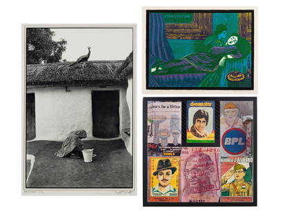 JYOTI BHATT (B. 1934): JYOTI BHATT (B. 1934) Rural Courtyard - Banasthali, Rajasthan; Unfinished Dream; M.G. Road Details JYOTI BHATT (B. 1934) Rural Courtyard - Banasthali, Rajasthan; Unfinished Dream; M.G. Road signed 'Jy