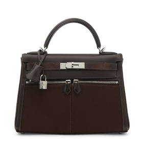 A MARRON FONCÉ CALF BOX LEATHER & TOILE KELLY LAKIS 28 WITH PALLADIUM HARDWARE (1 of 5)