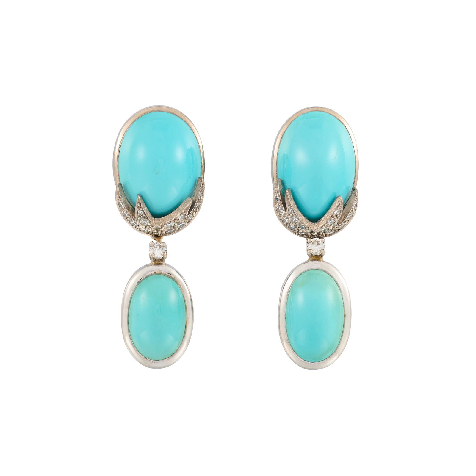 GRIMA TURQUOISE AND DIAMOND EARRINGS: GRIMA TURQUOISE AND DIAMOND EARRINGS Details Cabochon turquoise, circular-cut diamonds, signed Grima, Grima case Size/Dimensions: 4.4 cm Gross Weight: 28.8 grams