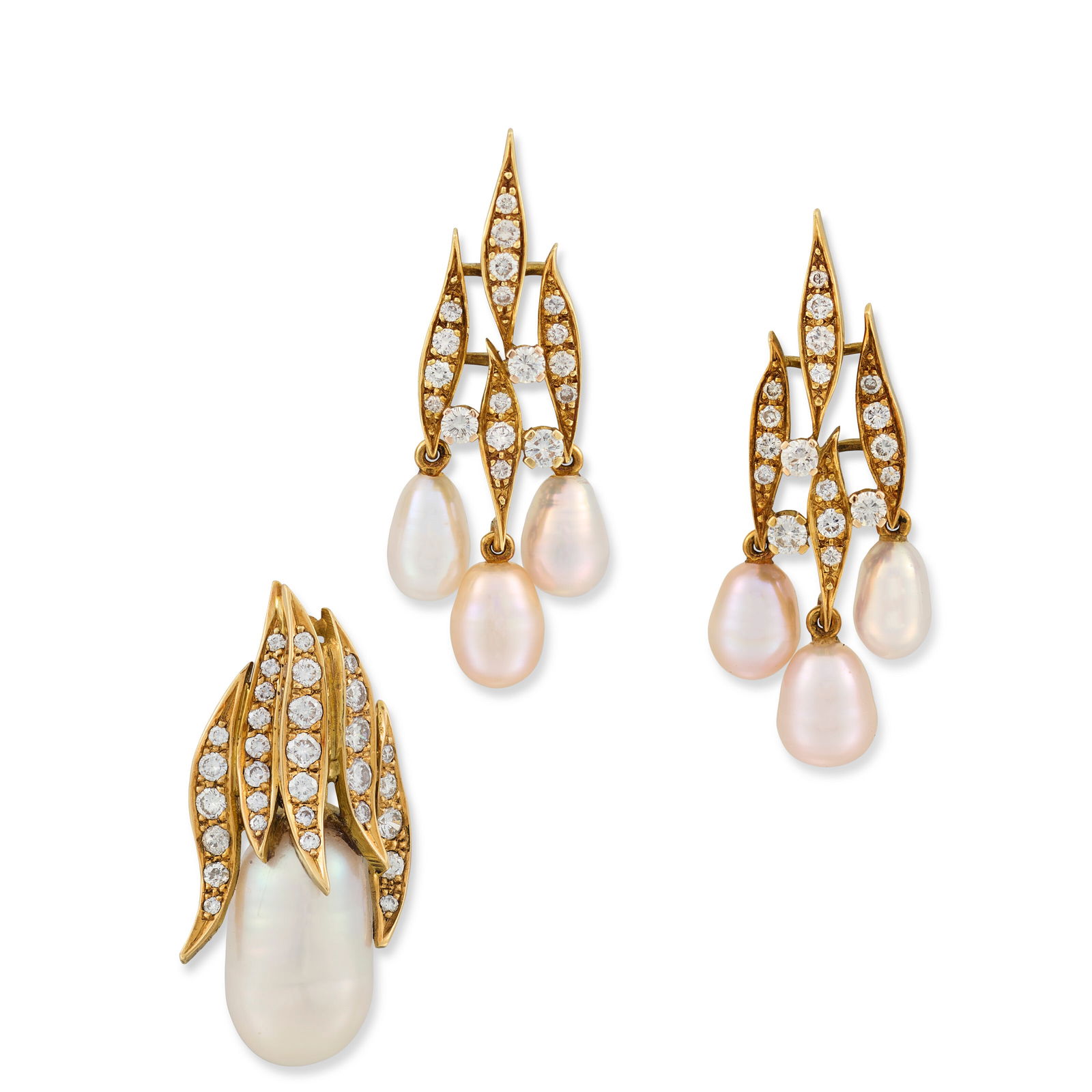 GRIMA CULTURED PEARL AND DIAMOND PENDANT AND EARRINGS: GRIMA CULTURED PEARL AND DIAMOND PENDANT AND EARRINGS Details Drop-shaped cultured pearls, tendril motifs set with circular-cut diamonds, pendant and one earring signed Grima, Grima case Size/Dimensio