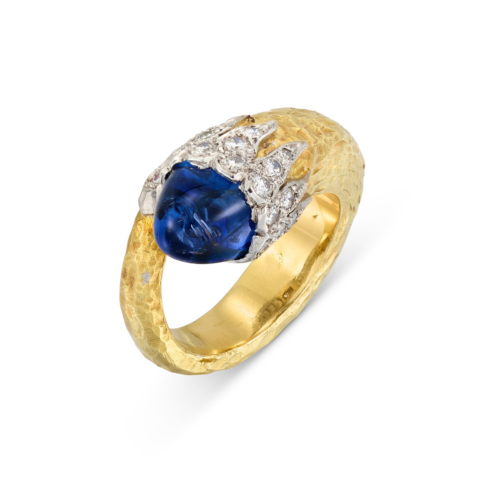 GRIMA SAPPHIRE AND DIAMOND RING, 1990s: GRIMA SAPPHIRE AND DIAMOND RING, 1990s Details Sugarloaf cabochon sapphire, coiled textured hoop, circular-cut diamonds, gold (London hallmarks), 1998, signed Grima, maker's mark (Andrew Grima), Grima