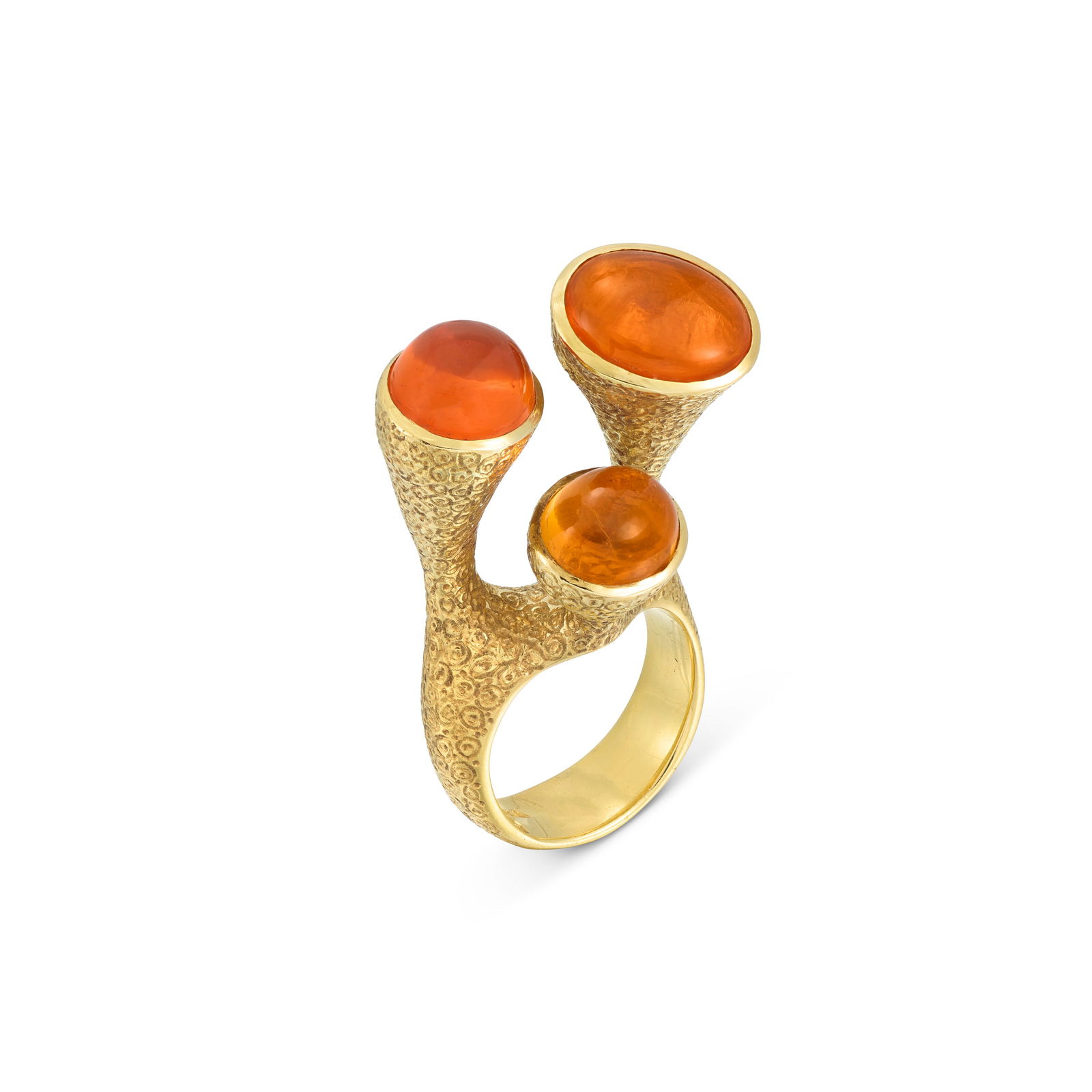 GRIMA FIRE OPAL RING: GRIMA FIRE OPAL RING Details Textured band supporting three vertical collets, cabochon fire opals, signed Grima Size/Dimensions: UK ring size M Gross Weight: 26.6 grams