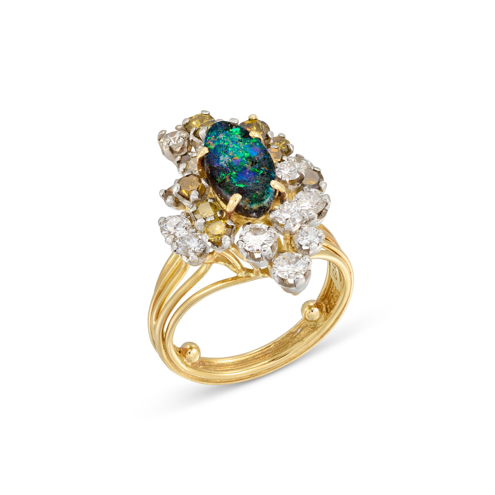 GRIMA BLACK OPAL, DIAMOND AND COLOURED DIAMOND RING: GRIMA BLACK OPAL, DIAMOND AND COLOURED DIAMOND RING Details Marquise-shaped black opal, circular-cut white and yellowish-brown diamonds, gold (London hallmarks), signed Grima, maker's mark (Andrew Gri