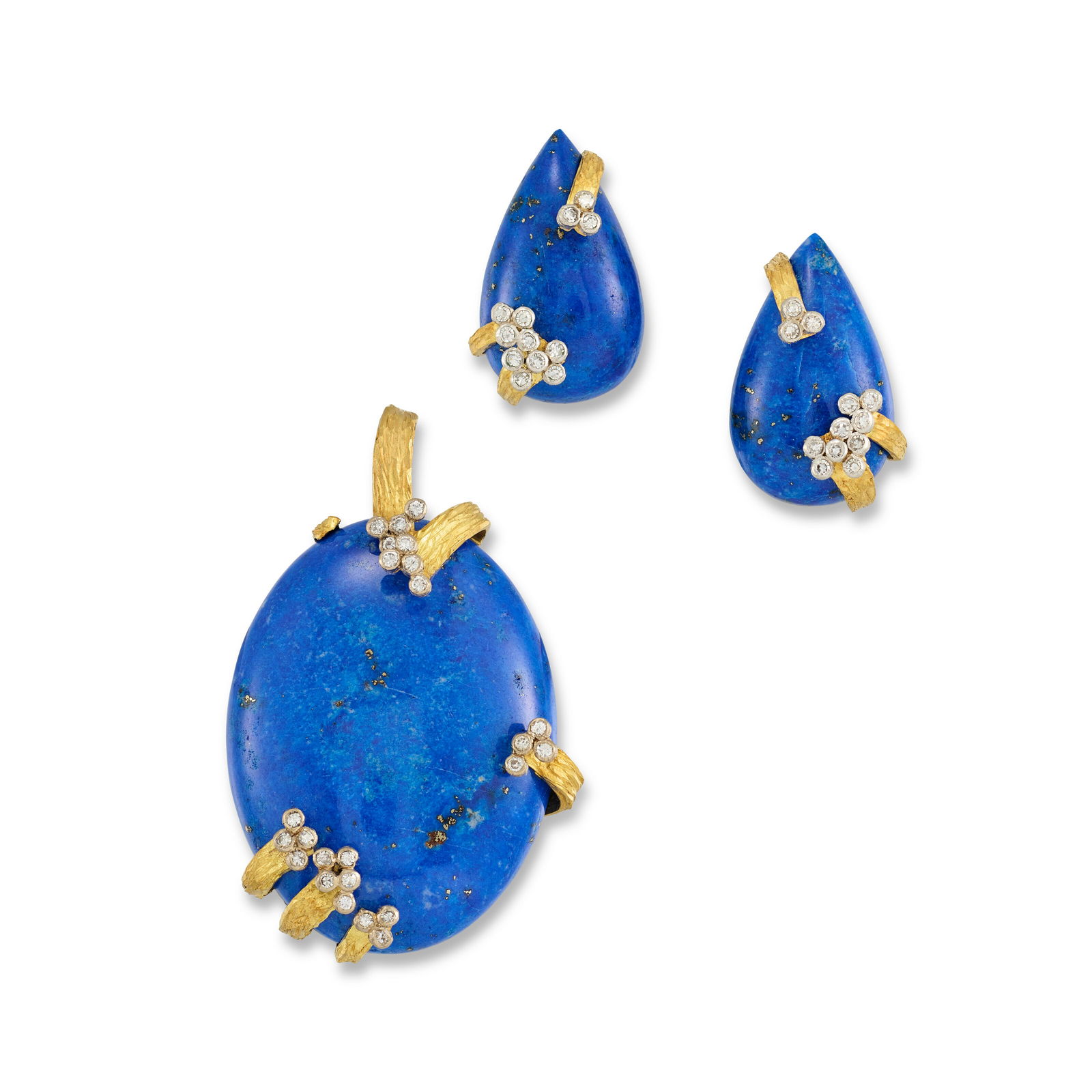 GRIMA LAPIS LAZULI AND DIAMOND EARRING AND PENDANT SET, 1990s: GRIMA LAPIS LAZULI AND DIAMOND EARRING AND PENDANT SET, 1990s Details Lapis lazuli cabochons, textured gold branches, circular- and single-cut diamonds, gold (London hallmarks), signed Grima, maker's