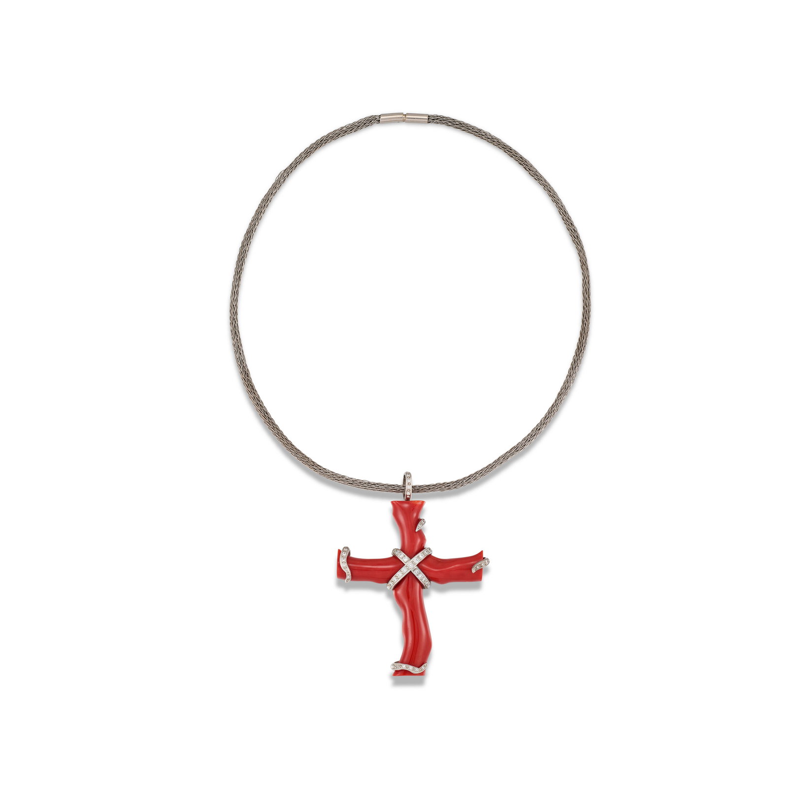 GRIMA CORAL AND DIAMOND PENDANT: GRIMA CORAL AND DIAMOND PENDANT Details Designed as a Latin Cross, four sections of polished coral branches, circular-cut diamonds, signed Grima, Grima pouch; and an associated necklace, unsigned Size