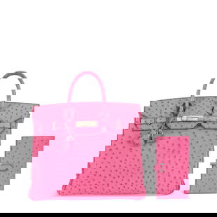 A SET OF TWO: A FUCHSIA OSTRICH HAC BIRKIN 32 & A FUCHSIA OSTRICH BEARN WALLET WITH PALLADIUM: A SET OF TWO: A FUCHSIA OSTRICH HAC BIRKIN 32 & A FUCHSIA OSTRICH BEARN WALLET WITH PALLADIUM HARDWARE HERMÈS, 2005 Details HAC BIRKIN GRADE: 2.5 BEARN WALLET GRADE: 2 HAC Birkin: 32 w x 26 h