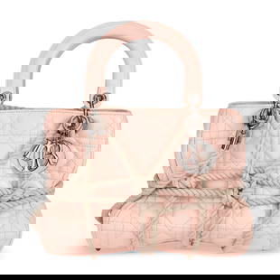 A LIMITED EDITION LIGHT PINK QUILTED CALFSKIN LEATHER & ROPE LADY ART 3 MEDIUM LADY DIOR BAG WITH: A LIMITED EDITION LIGHT PINK QUILTED CALFSKIN LEATHER & ROPE LADY ART 3 MEDIUM LADY DIOR BAG WITH RUTHENIUM HARDWARE BY MORGANE TSCHIEMBER DIOR, 2018 Details GRADE: 2.5 27 w x 18 h x 13 d cm