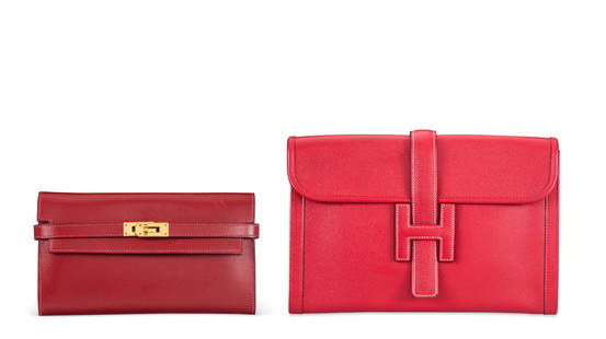 A SET OF TWO: A ROUGE H CALF BOX LEATHER KELLY LONG WALLET WITH GOLD HARDWARE & A ROUGE VIF VEAU: A SET OF TWO: A ROUGE H CALF BOX LEATHER KELLY LONG WALLET WITH GOLD HARDWARE & A ROUGE VIF VEAU GRAIN LISSE LEATHER JIGE PM HERMÈS, 2007 & 1989 Details Wallet GRADE: 3 Clutch GRADE: 2 Wallet