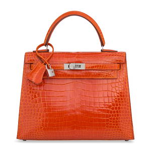 A RARE, EXCEPTIONAL SHINY ORANGE H POROSUS CROCODILE SELLIER KELLY 25 WITH 18K WHITE GOLD & DIAMOND