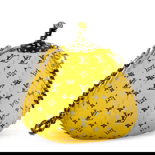 A LIMITED EDITION YELLOW & BLACK MONOGRAM LEATHER PUMPKIN BAG WITH SILVER HARDWARE BY YAYOI KUSAMA: A LIMITED EDITION YELLOW & BLACK MONOGRAM LEATHER PUMPKIN BAG WITH SILVER HARDWARE BY YAYOI KUSAMA LOUIS VUITTON, 2023 Details GRADE: 1.5 18 w x 20 h x 20 d cm Includes shoulder strap, dust bag, style