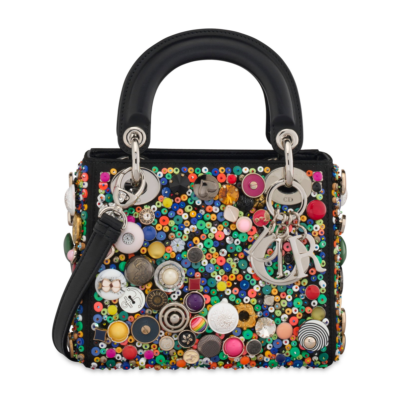 A LIMITED EDITION BLACK SATIN & LAMBSKIN LEATHER AND MULTICOLOR BUTTONS LADY ART 2 MINI LADY DIOR: A LIMITED EDITION BLACK SATIN & LAMBSKIN LEATHER AND MULTICOLOR BUTTONS LADY ART 2 MINI LADY DIOR WITH SILVER HARDWARE BY HONG HAO DIOR, 2017 Details GRADE: 2 18 w x 14 h x 7 d cm Includes shoulder st