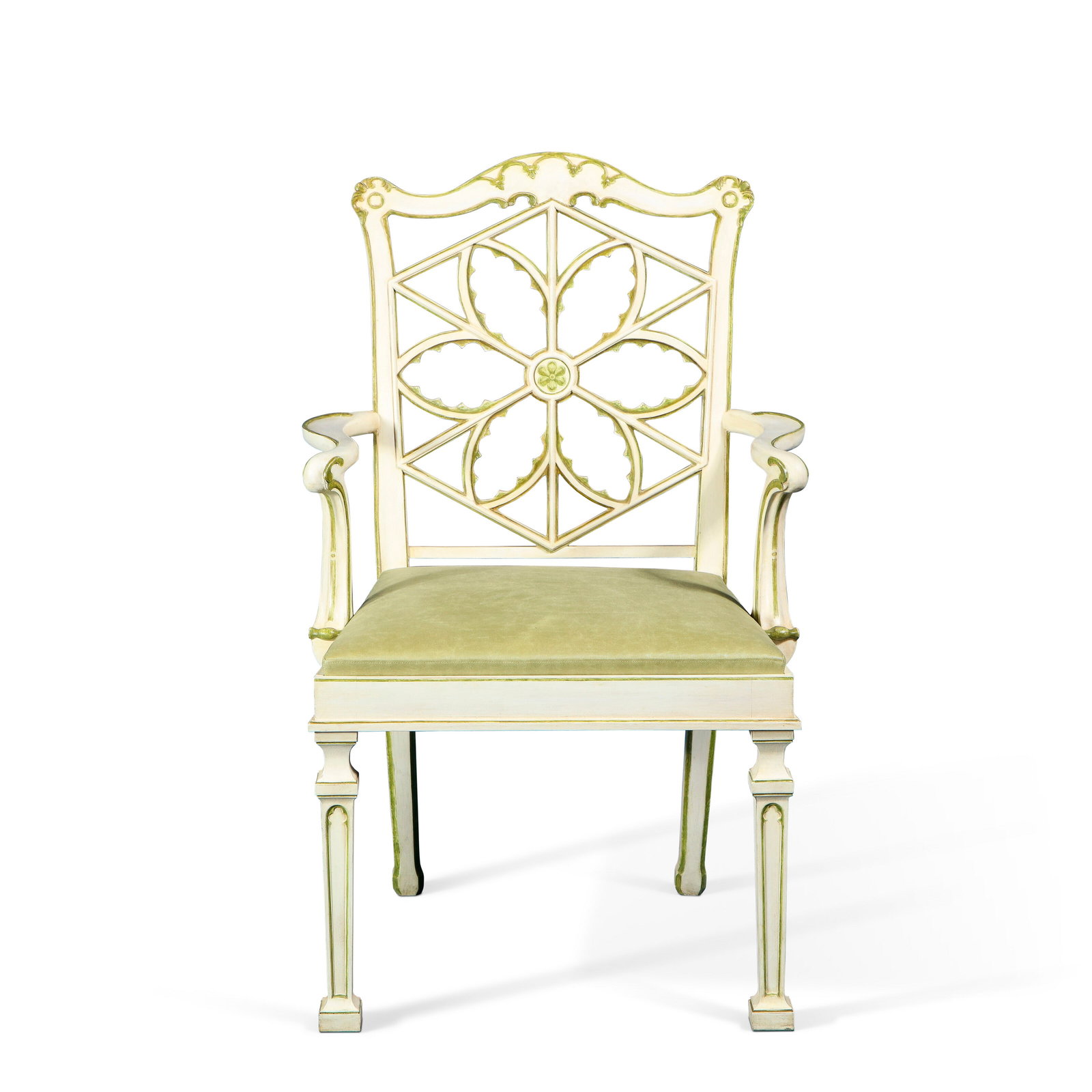 A GEORGE III STYLE WHITE AND GREEN-PAINTED ARMCHAIR: MANUFACTURED BY BURDEN, LLC, MODERN, AFTER A DESIGN BY THOMAS CHIPPENDALE The serpentine-shaped crest rail carved with acanthus leaves and Gothic paterae above a Gothic back segmented into six triangl