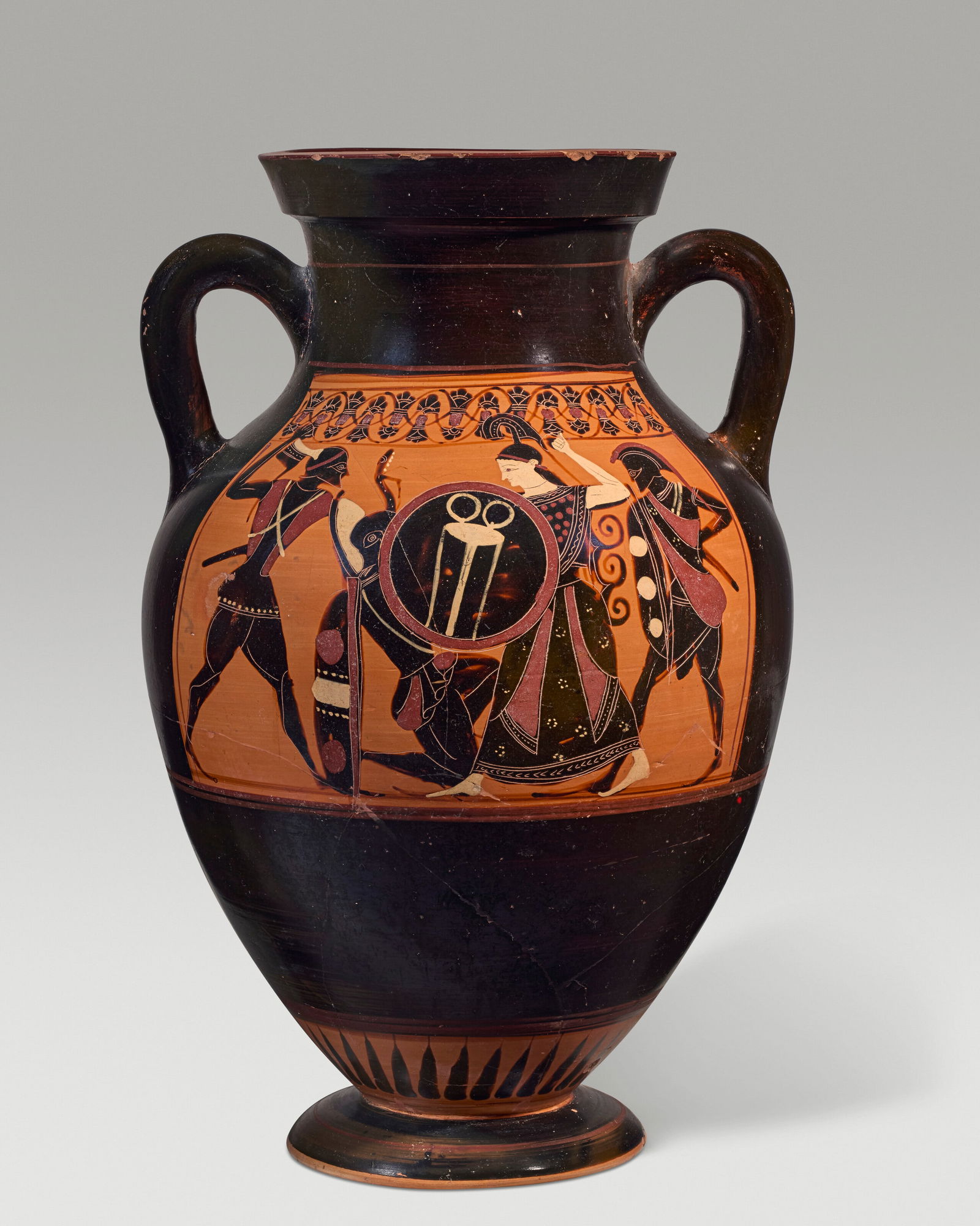AN ATTIC BLACK-FIGURED AMPHORA (TYPE B): AN ATTIC BLACK-FIGURED AMPHORA (TYPE B) ATTRIBUTED TO THE SWING PAINTER, CIRCA 530 B.C. Details AN ATTIC BLACK-FIGURED AMPHORA (TYPE B) ATTRIBUTED TO THE SWING PAINTER, CIRCA 530 B.C. 15 3/8 in. (39 c