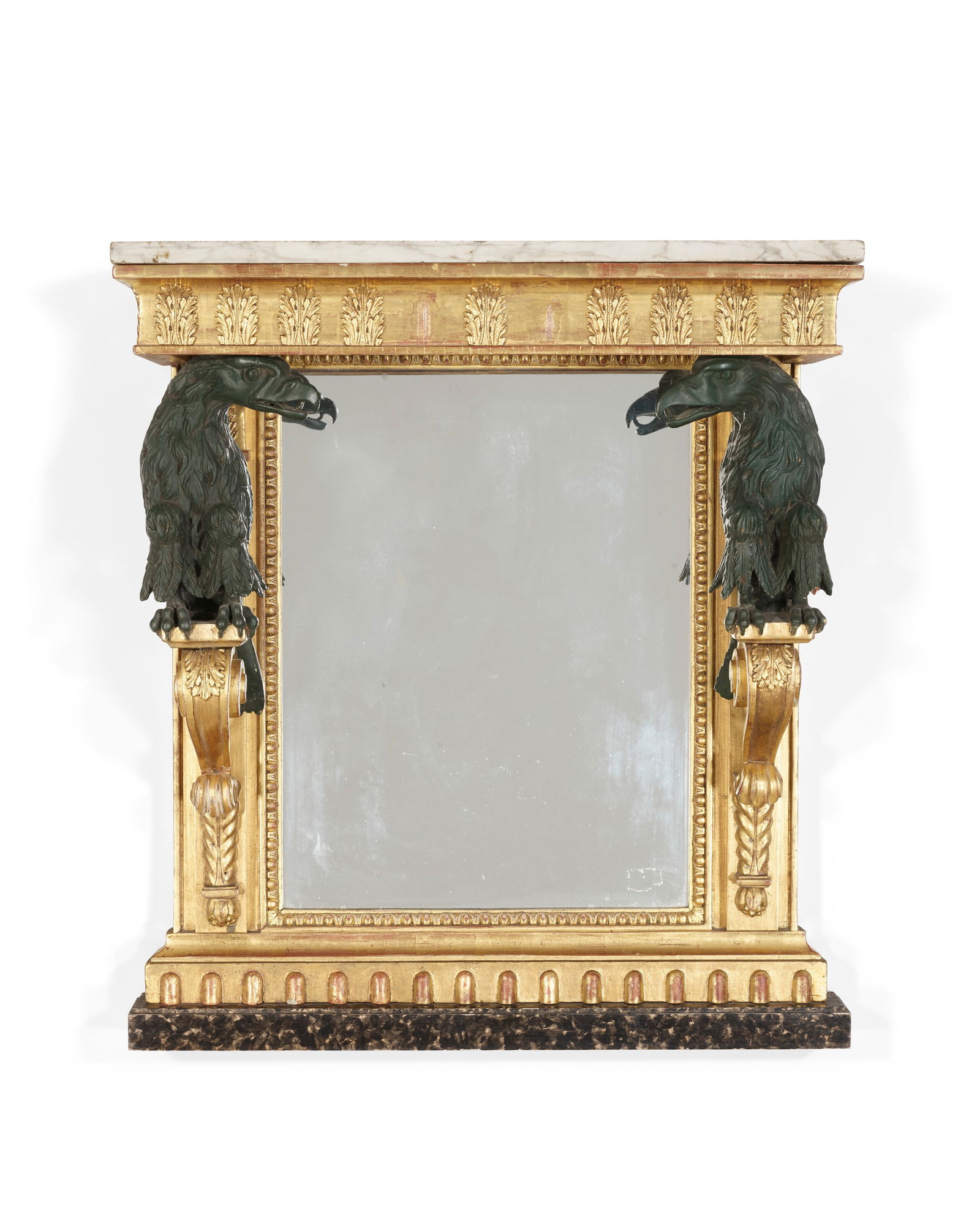 A SWEDISH BRONZED AND GILTWOOD CONSOLE TABLE: A SWEDISH BRONZED AND GILTWOOD CONSOLE TABLE EARLY 19TH CENTURY AND LATER Details The grey-veined white marble top over a stiff-leaf frieze above a mirrored back, each side supported by a bronzed eagl