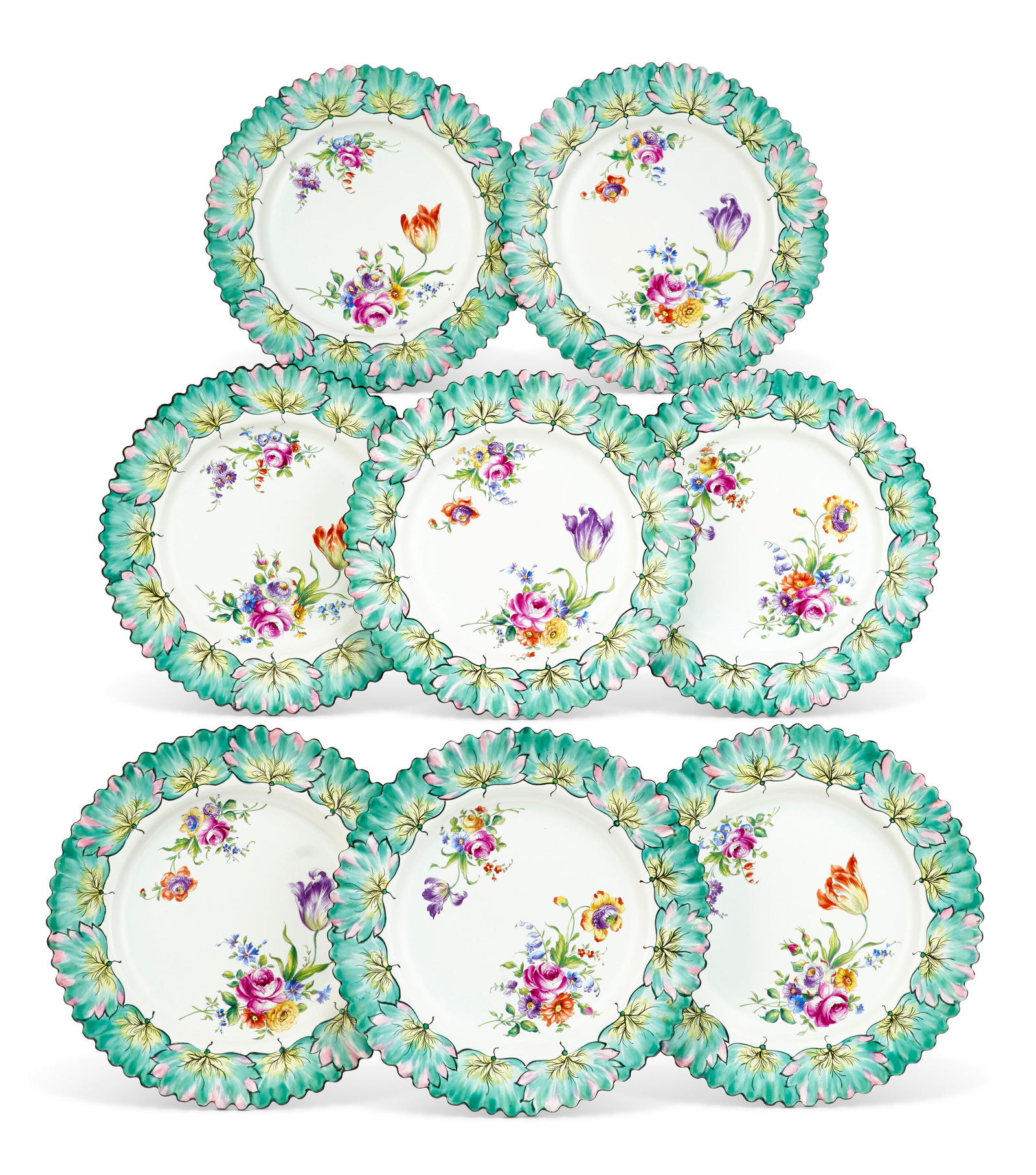 A PERSONALIZED SET OF EIGHT FRENCH (LE TALLEC) FAIENCE DINNER PLATES: A PERSONALIZED SET OF EIGHT FRENCH (LE TALLEC) FAIENCE DINNER PLATES BLUE SCRIPT MARKS, DATE CYPHERS FOR 1963 Details After the 18th-century prototypes by Sceaux, molded and painted at the borders wit