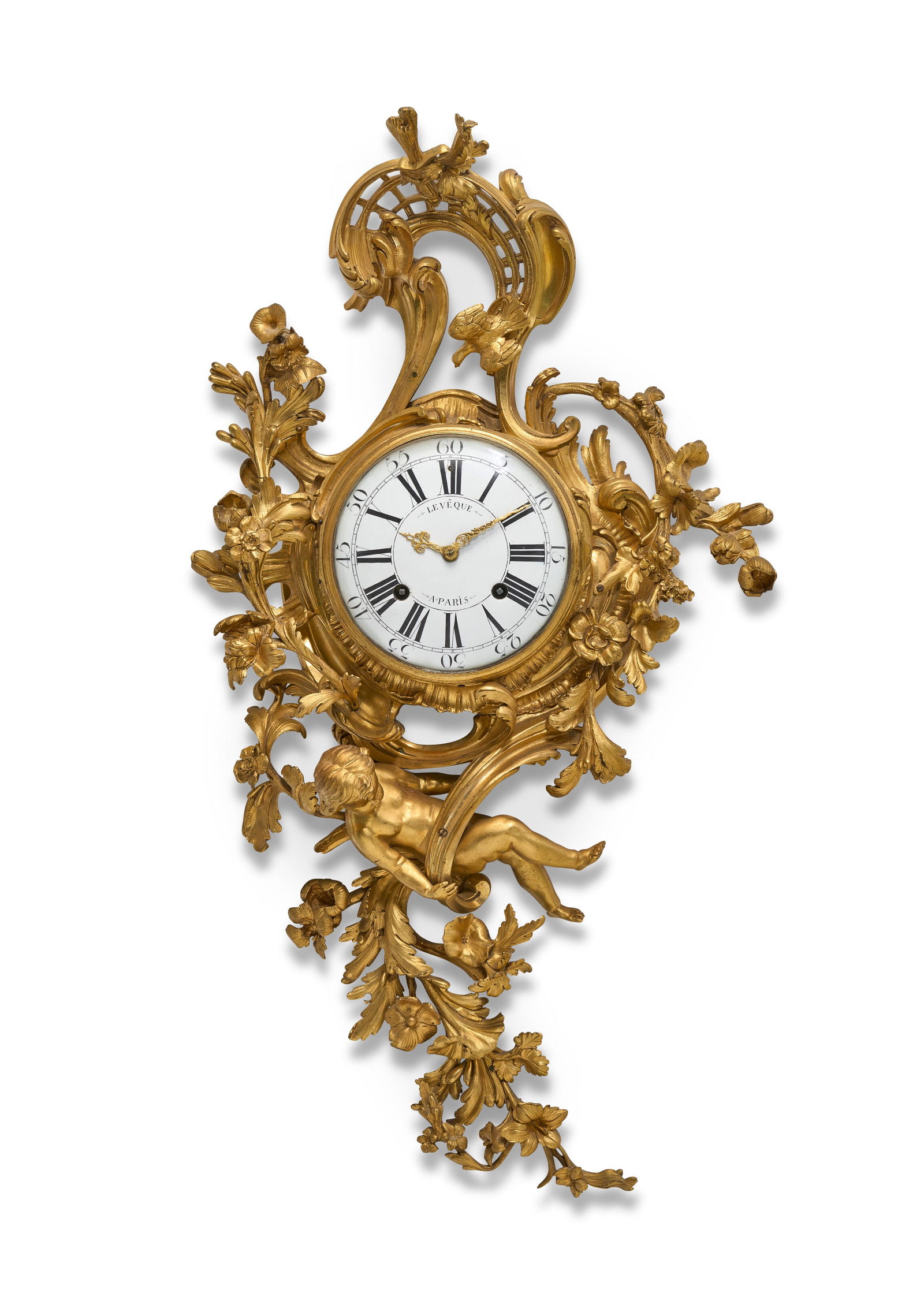 A LOUIS XV ORMOLU CARTEL CLOCK: A LOUIS XV ORMOLU CARTEL CLOCK THE DIAL SIGNED LEVEQUE A PARIS, CIRCA 1750, THE MOVEMENT AND DIAL REPLACED Details The circular white enamel dial with Roman chapters and Arabic minutes, surrounded by