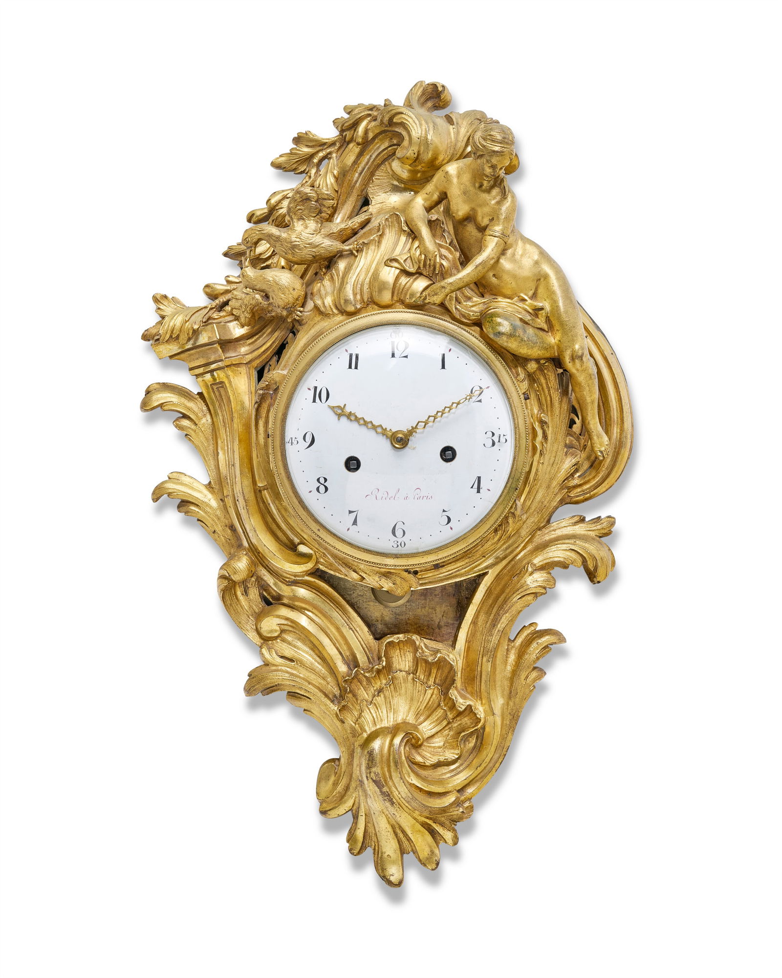 A LOUIS XV ORMOLU CARTEL CLOCK: A LOUIS XV ORMOLU CARTEL CLOCK THE DIAL SIGNED RIDEL A PARIS, CIRCA 1745, THE DIAL AND HANDS LATE LOUIS XVI AND ASSOCIATED Details The circular dial with Arabic numbers, the cartouche-shaped case cast