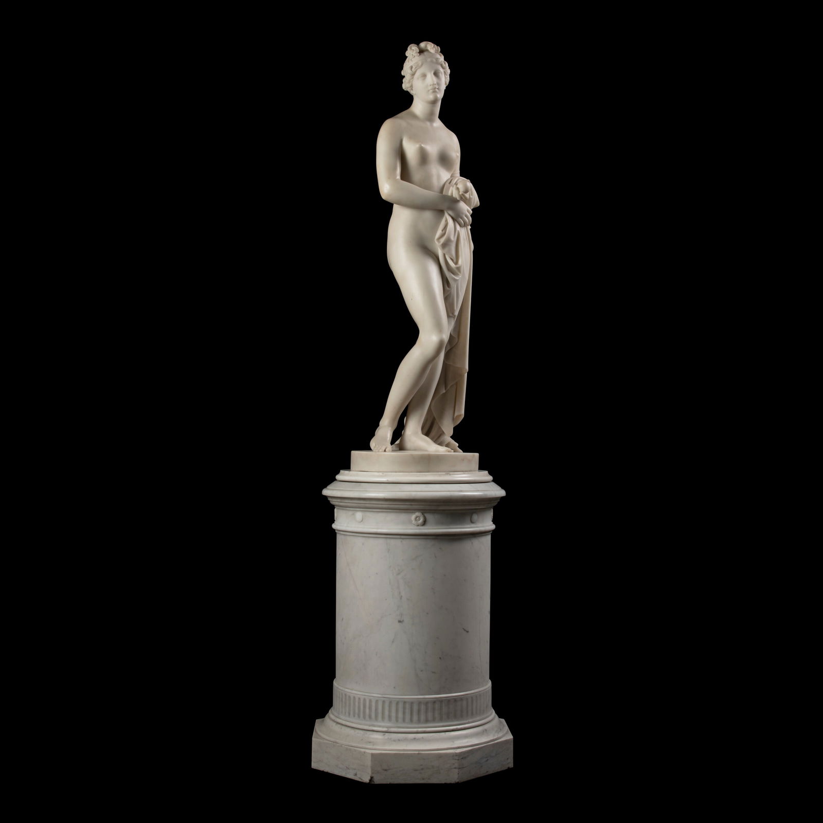 JOHN GIBSON (BRITISH, 1790-1866): JOHN GIBSON (BRITISH, 1790-1866) THE TINTED VENUS Details JOHN GIBSON (BRITISH, 1790-1866) THE TINTED VENUS marble, signed 'I. GIBSON FECIT ROMAE' to the base; on a circular white marble pedestal with