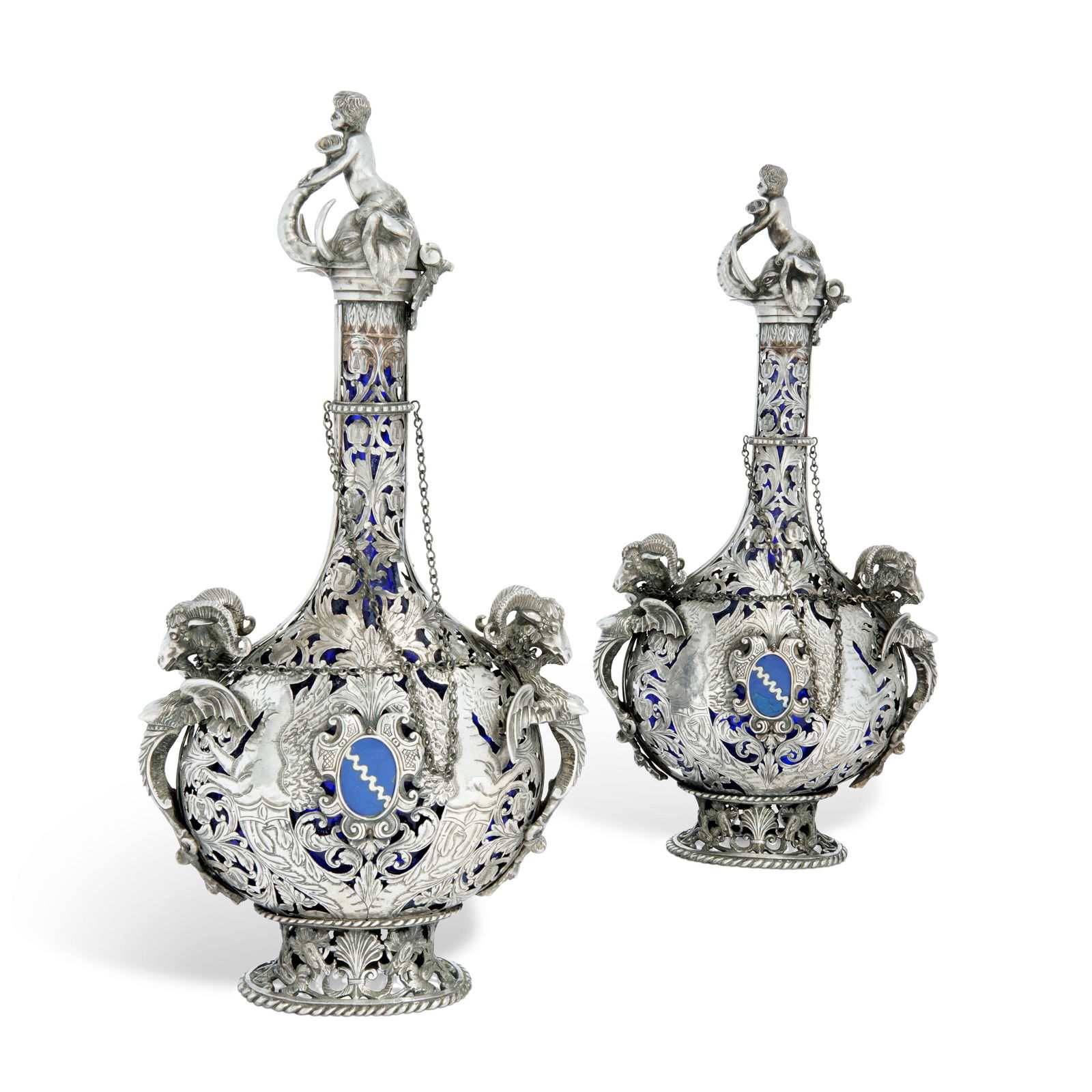 A PAIR OF CONTINENTAL SILVER-PLATE MOUNTED BLUE GLASS PILGRIM FLASKS: A PAIR OF CONTINENTAL SILVER-PLATE MOUNTED BLUE GLASS PILGRIM FLASKS 19TH CENTURY Details Each on oval spreading base pierced with scrolling foliage and shells, the bodies also with pierced with two g