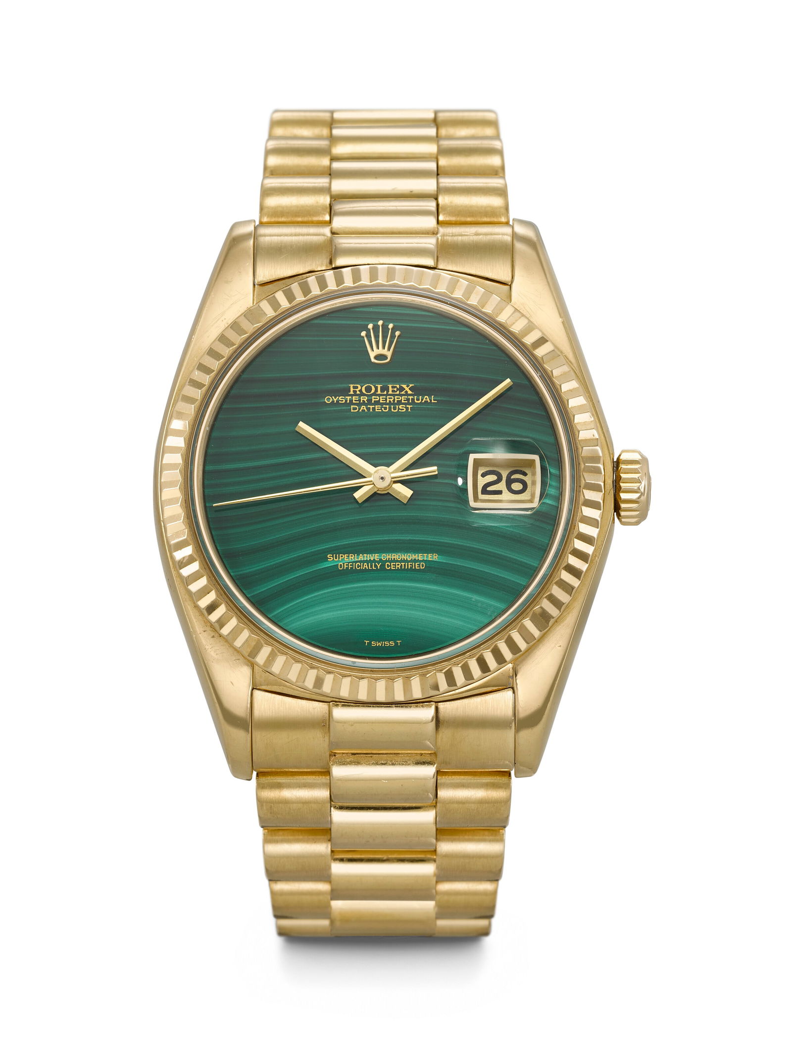 ROLEX. A RARE AND ATTRACTIVE 18K GOLD AUTOMATIC WRISTWATCH WITH SWEEP CENTRE SECONDS, DATE,: ROLEX. A RARE AND ATTRACTIVE 18K GOLD AUTOMATIC WRISTWATCH WITH SWEEP CENTRE SECONDS, DATE, MALACHITE DIAL AND BRACELET DATEJUST MODEL, REF. 1601, CASE NO. 5'068'862, CIRCA 1978 Details ROLEX. A RARE