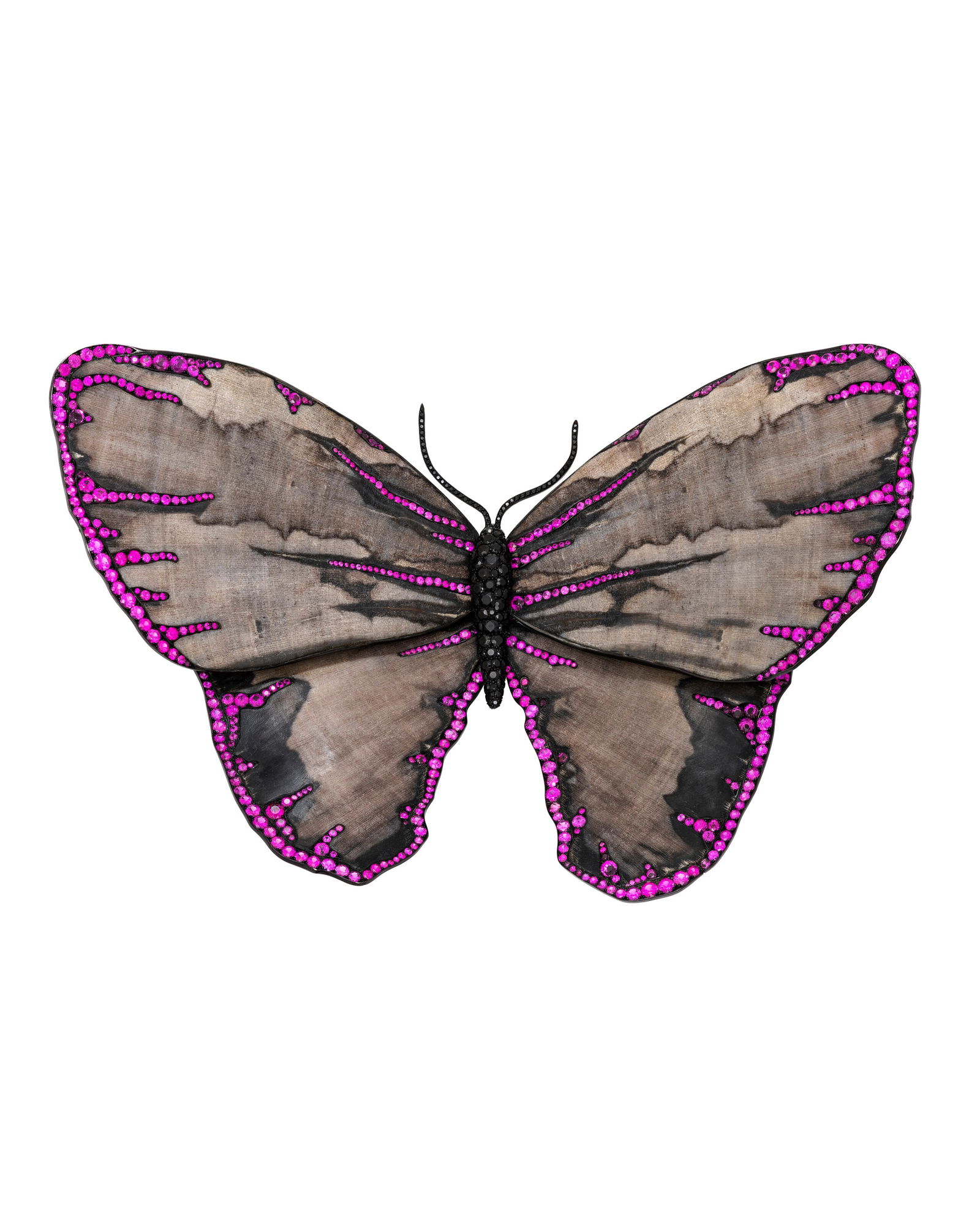 JAR PETRIFIED WOOD, COLOURED SAPPHIRE AND SPINEL 'PAPILLON DE NUIT' BROOCH: JAR PETRIFIED WOOD, COLOURED SAPPHIRE AND SPINEL 'PAPILLON DE NUIT' BROOCH Details JAR PETRIFIED WOOD, COLOURED SAPPHIRE AND SPINEL 'PAPILLON DE NUIT' BROOCH Petrified wood, round pink and purple sapp