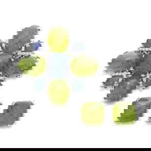 SEAMAN SCHEPPS SET OF PERIDOT, SAPPHIRE AND DIAMOND JEWELLERY: SEAMAN SCHEPPS SET OF PERIDOT, SAPPHIRE AND DIAMOND JEWELLERY Details Comprising a brooch and a pair of earrings Peridot and sapphire cabochons, round diamonds, 18k white gold, signed Seaman Schepps,