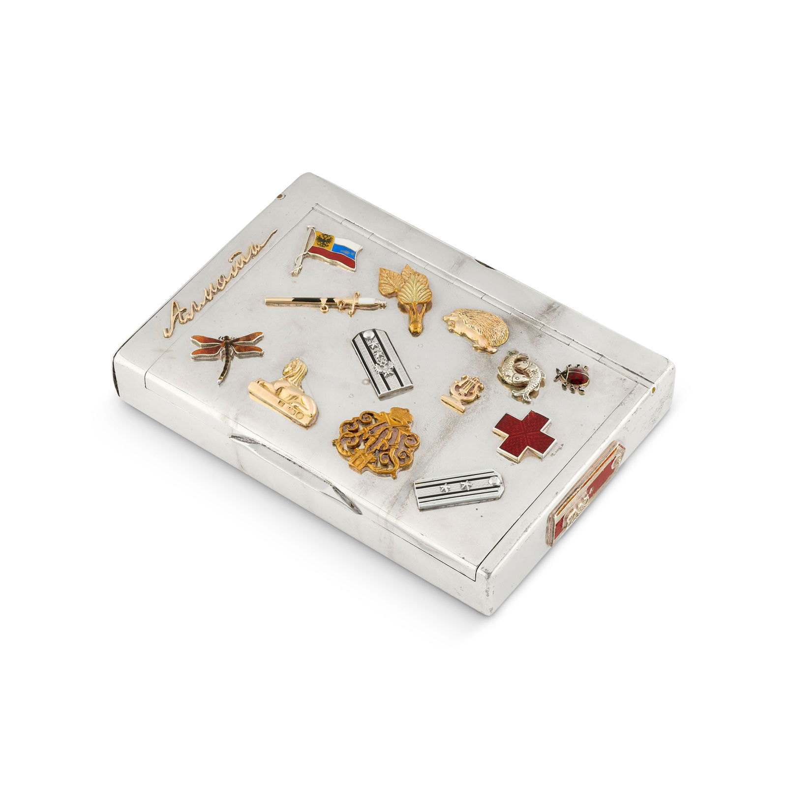 ANTIQUE ENAMEL AND MALACHITE RUSSIAN CIGARETTE CASE: ANTIQUE ENAMEL AND MALACHITE RUSSIAN CIGARETTE CASE Details Rectangular, the sides applied with a variety of monograms, charms, white, black, red, blue and yellow enamel, malachite cabochon, silver an