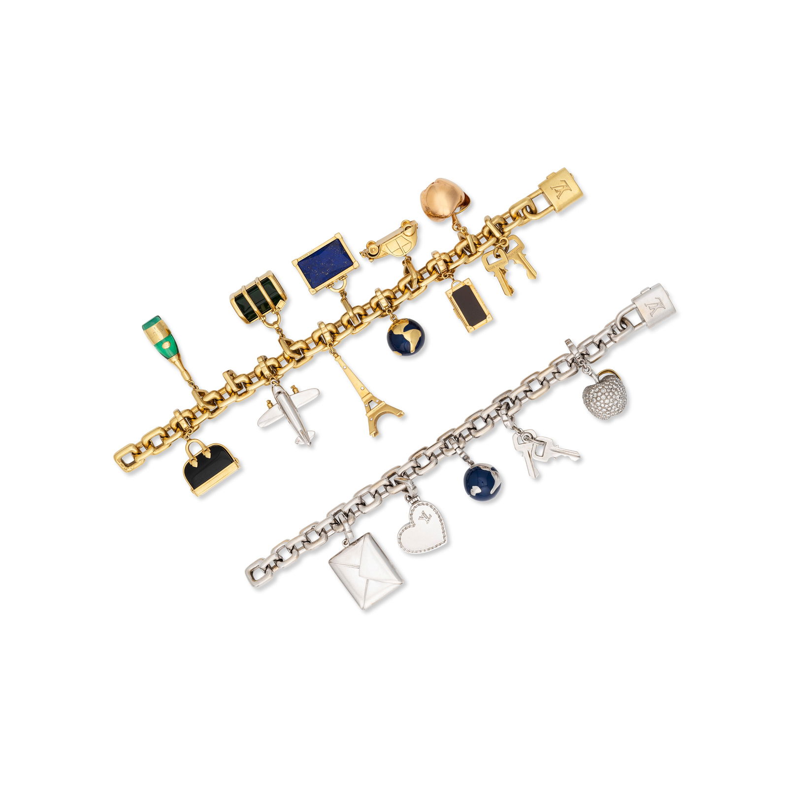 LOUIS VUITTON TWO MULTI-GEM AND DIAMOND CHARMS BRACELETS: LOUIS VUITTON TWO MULTI-GEM AND DIAMOND CHARMS BRACELETS Details Yellow gold bracelet with 10 charms, lapis lazuli, onyx, blue enamel, green and black paste, round diamonds, 18k yellow gold (French ma