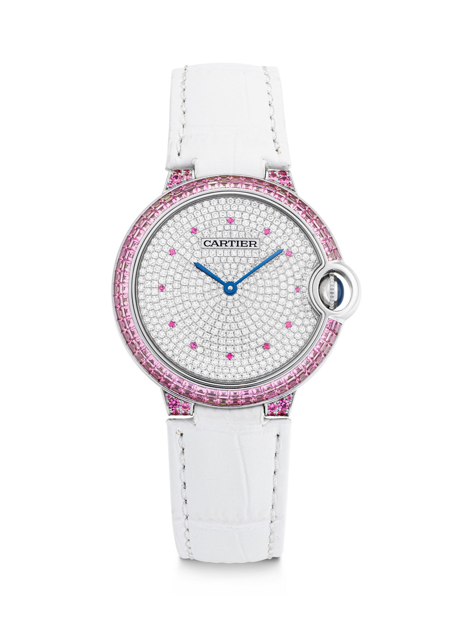 CARTIER. A RARE AND DAZZLING 18K WHITE GOLD, DIAMOND AND PINK GEMSTONE-SET AUTOMATIC WRISTWATCH: CARTIER. A RARE AND DAZZLING 18K WHITE GOLD, DIAMOND AND PINK GEMSTONE-SET AUTOMATIC WRISTWATCH BALLON BLEU DE CARTIER "HELLO KITTY 50TH ANNIVERSARY" MODEL, REF. HPI01682, CASE NO. 4643 356544EY, CIRC