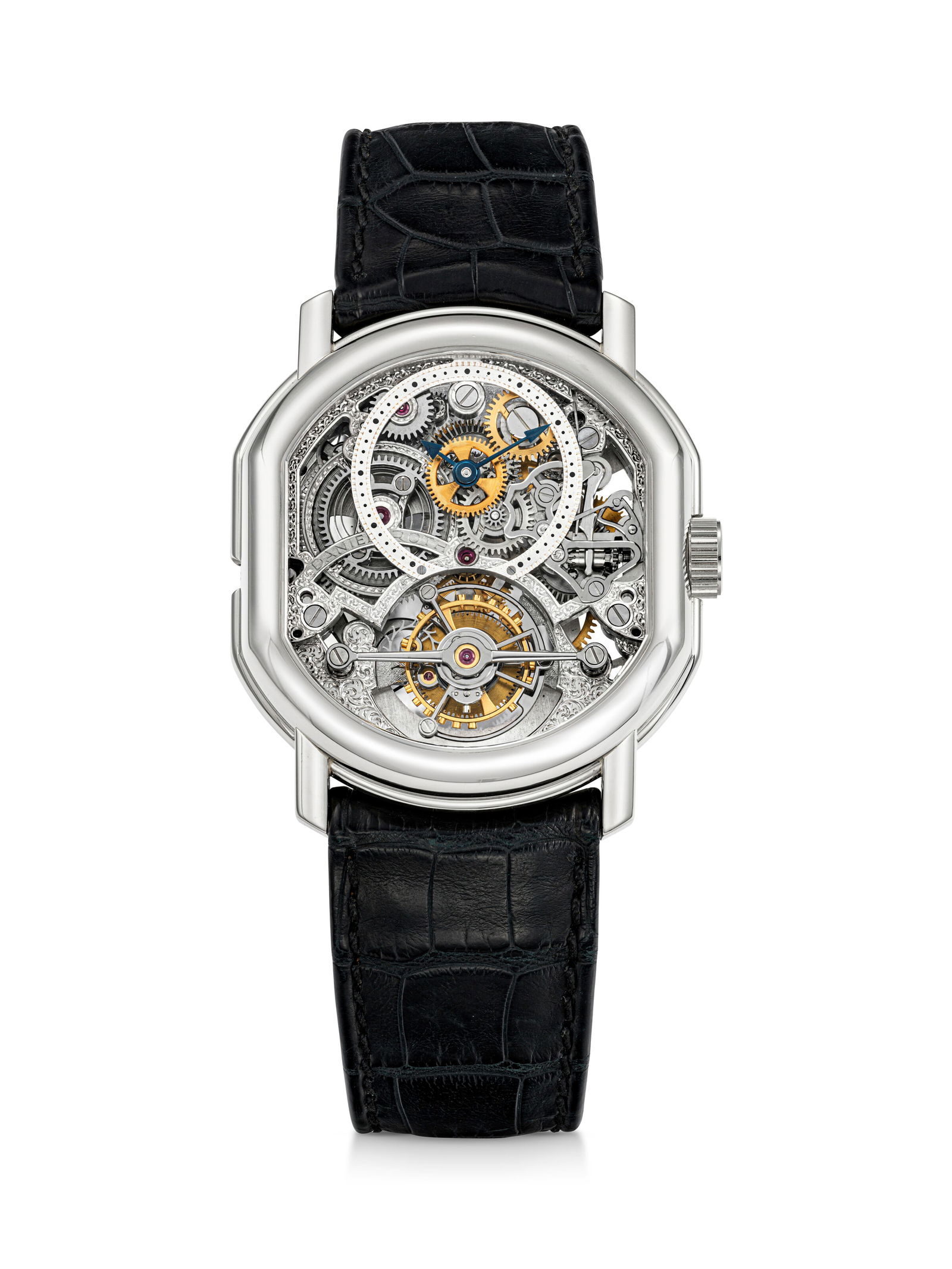 DANIEL ROTH. AN 18K WHITE GOLD SKELETONISED DOUBLE DIAL TOURBILLON WRISTWATCH WITH POWER RESERVE AND: DANIEL ROTH. AN 18K WHITE GOLD SKELETONISED DOUBLE DIAL TOURBILLON WRISTWATCH WITH POWER RESERVE AND DATE MOVEMENT NO. 24 Details DANIEL ROTH. AN 18K WHITE GOLD SKELETONISED DOUBLE DIAL TOURBILLON WRI