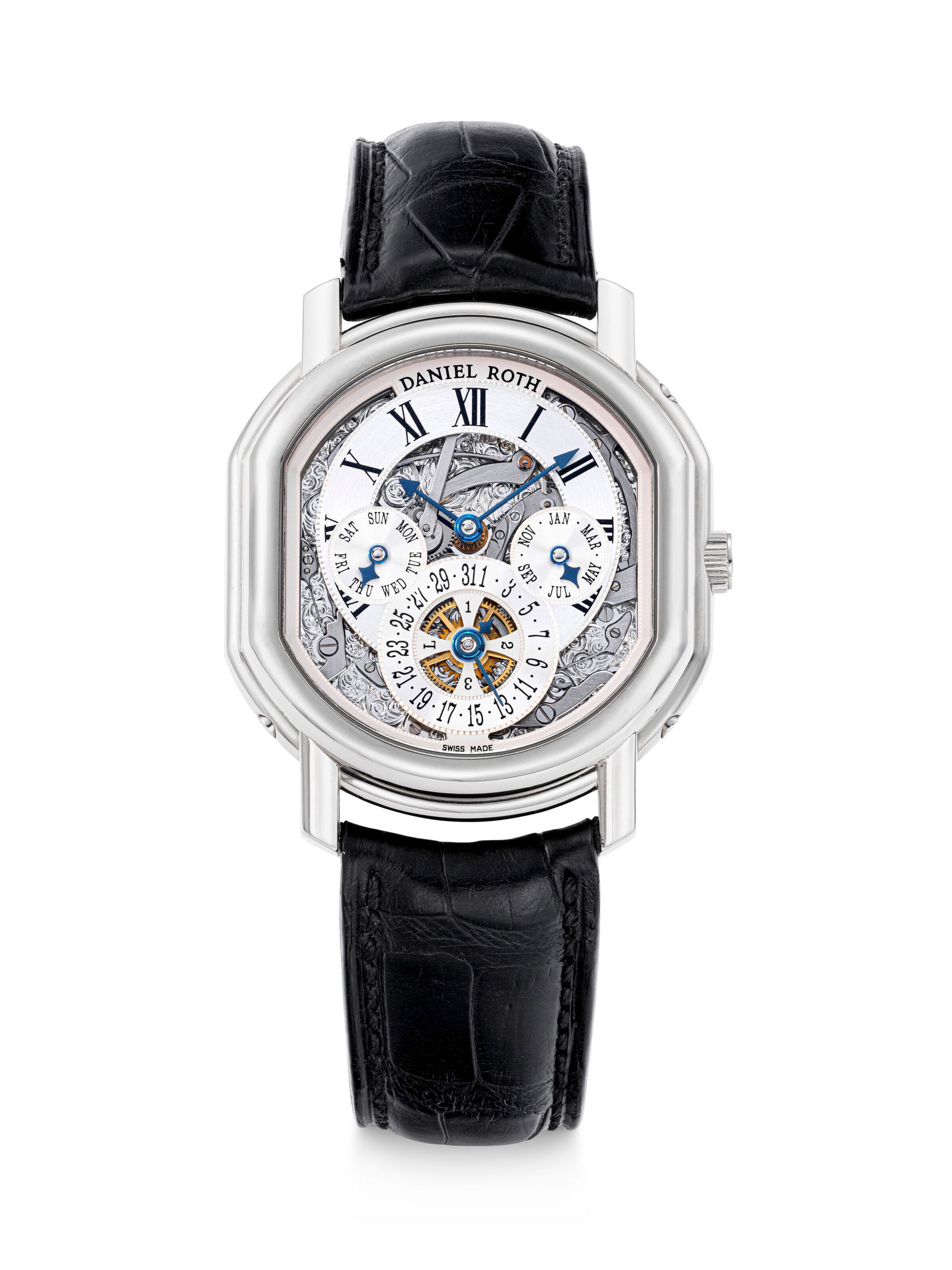 DANIEL ROTH. AN 18K WHITE GOLD SEMI-SKELETONISED AUTOMATIC PERPETUAL CALENDAR WRISTWATCH WITH LEAP: DANIEL ROTH. AN 18K WHITE GOLD SEMI-SKELETONISED AUTOMATIC PERPETUAL CALENDAR WRISTWATCH WITH LEAP YEAR INDICATION REF. 119.X.60, CASE NO. 16'340 AND 54 Details DANIEL ROTH. AN 18K WHITE GOLD SEMI-SKE