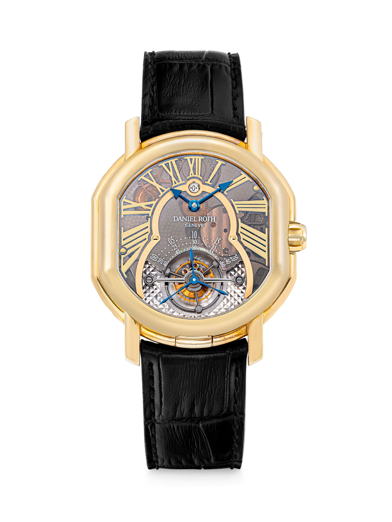DANIEL ROTH. AN UNUSUAL 18K GOLD PERPETUAL CALENDAR TOURBILLON DOUBLE DIAL SEMI SKELETONISED: DANIEL ROTH. AN UNUSUAL 18K GOLD PERPETUAL CALENDAR TOURBILLON DOUBLE DIAL SEMI SKELETONISED WRISTWATCH WITH POWER RESERVE, LEAP YEAR INDICATION AND MOON PHASES REF. 220.Y.20, CASE NO. 16, CIRCA 2010