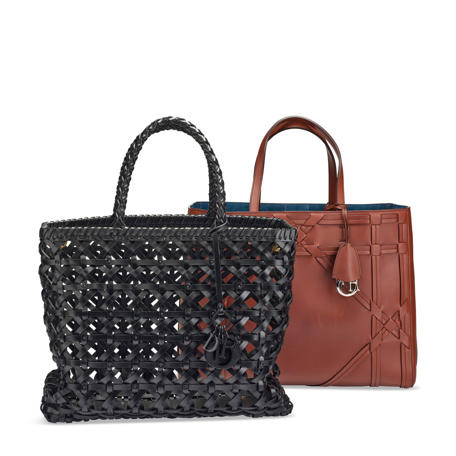 A SET OF TWO: BLACK WOVEN CALFSKIN LEATHER DIORCABAS TOTE WITH GOLD HARDWARE & A BROWN CALFSKIN (1 of 10)