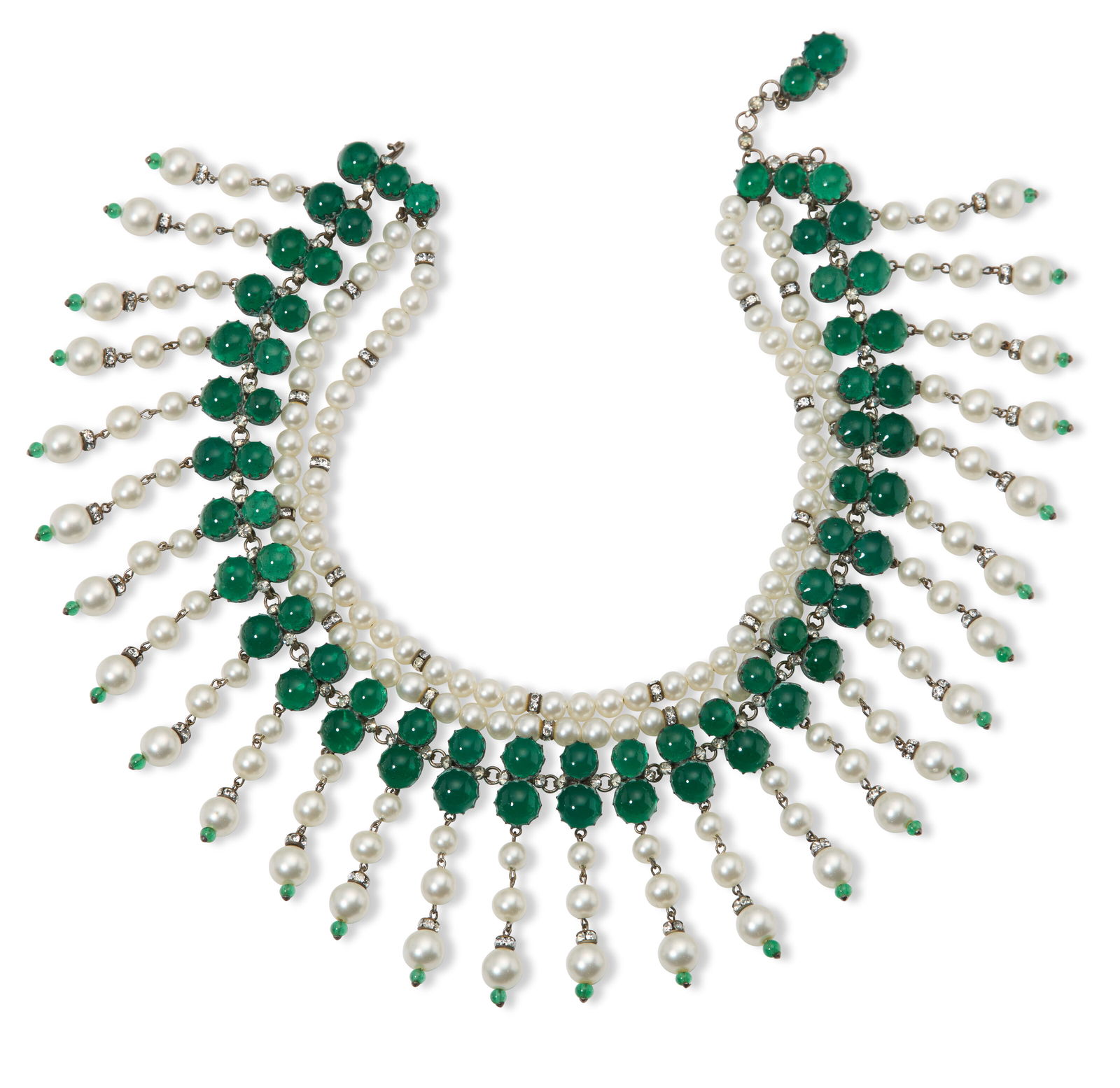 A RARE & MAGNIFICENT GREEN GRIPOIX GLASS, STRASS CRYSTAL & FAUX PEARL MUGHAL-INSPIRED NECKLACE (1 of 2)