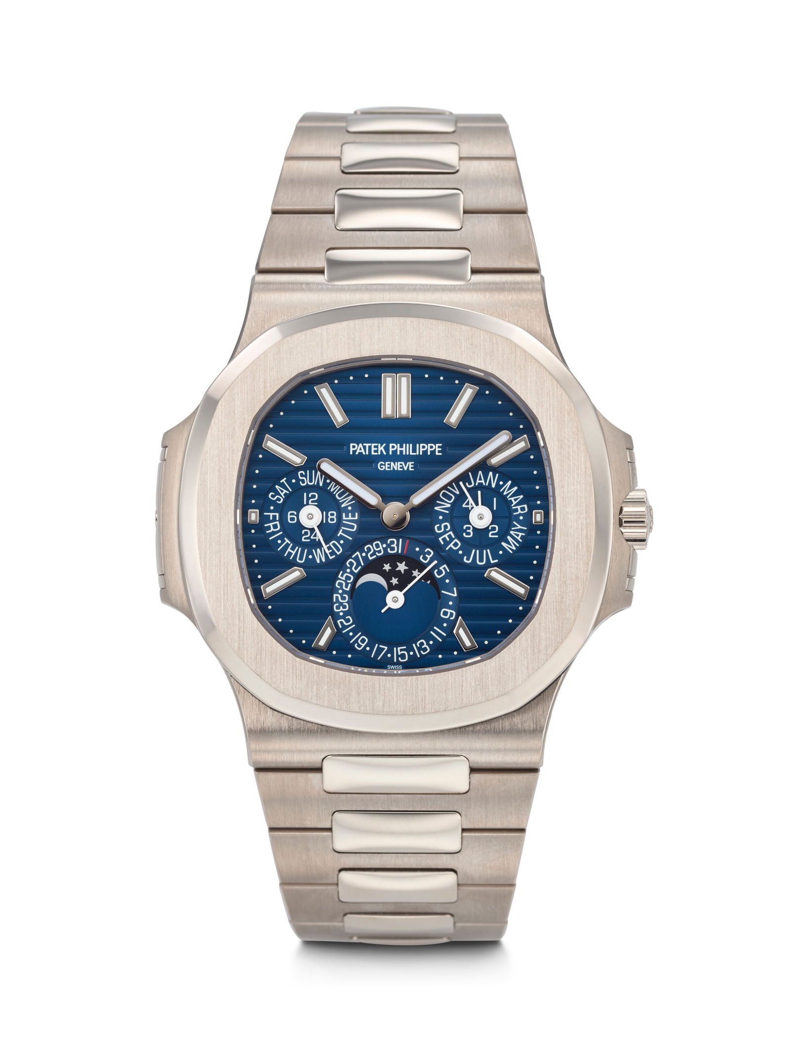 PATEK PHILIPPE. A HIGHLY RARE AND COVETED 18K WHITE GOLD PERPETUAL CALENDAR AUTOMATIC WRISTWATCH (1 of 6)