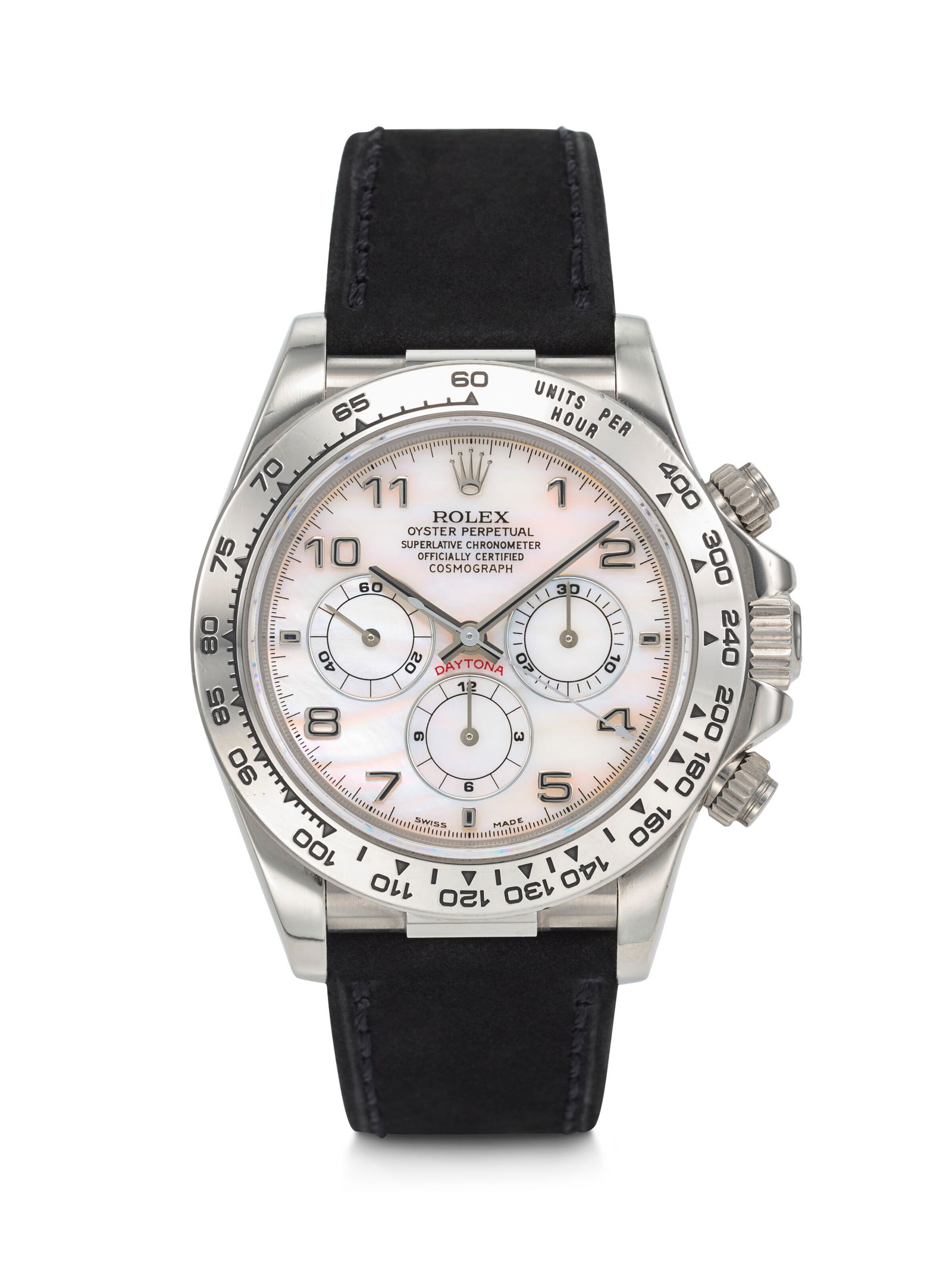 ROLEX. A HEAVY AND ATTRACTIVE 18K WHITE GOLD AUTOMATIC CHRONOGRAPH WRISTWATCH WITH MOTHER OF PEARL: Details ROLEX. A HEAVY AND ATTRACTIVE 18K WHITE GOLD AUTOMATIC CHRONOGRAPH WRISTWATCH WITH MOTHER OF PEARL DIAL DAYTONA 'ZENITH' MODEL, REF. 16519, CASE NO. U355588, CIRCA 1997 Movement: Automatic Dia