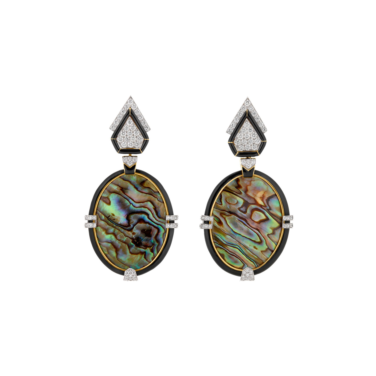 DAVID WEBB DIAMOND, ENAMEL AND ABALONE SHELL EARRINGS: Details Round diamonds, black enamel, oval-shaped abalone shell plaques, platinum and 18k yellow gold, signed David Webb Diamonds: approximately 120 round with an approximate total weight of 1.60 - 1.