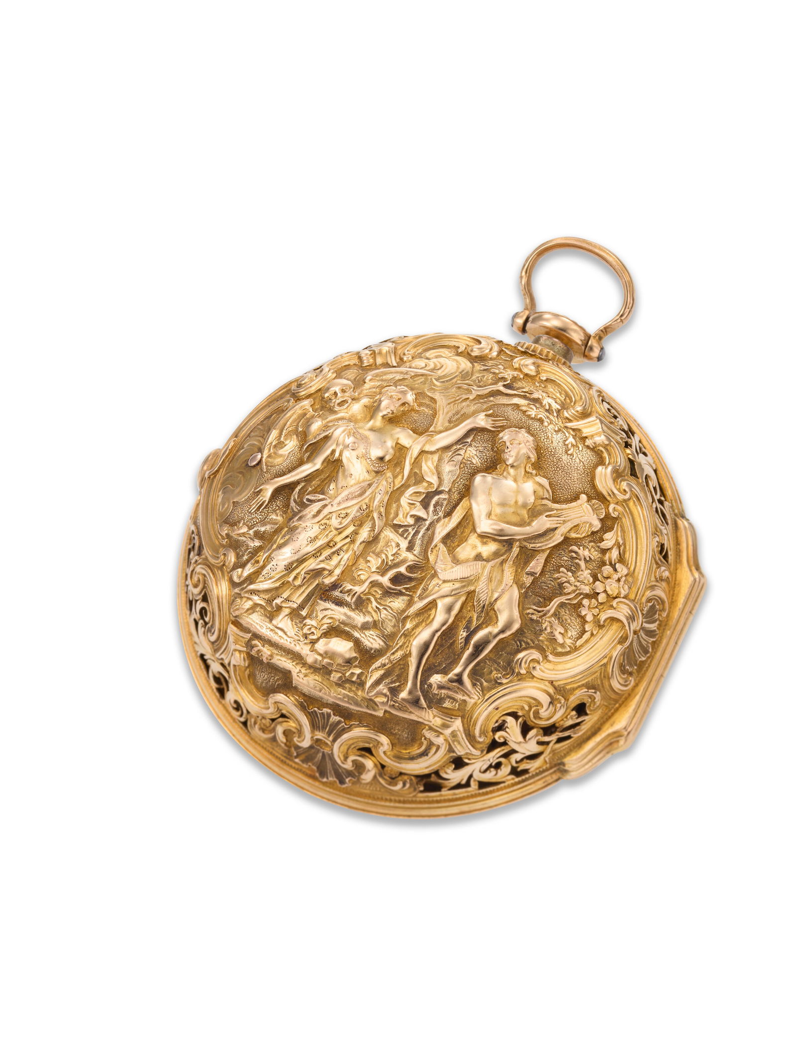 JOHN PYKE, GOLD QUARTER REPEATING PAIR CASED VERGE WATCH WITH REPOUSSE CASE BY MOSER: Details CIRCA: 1760 CASE MATERIAL: 22k gold pair cases, the inner pierced and engraved, the outer pierced, chased, and engraved, the central panel depicting Orpheus and Eurydice within a Rococo boarde